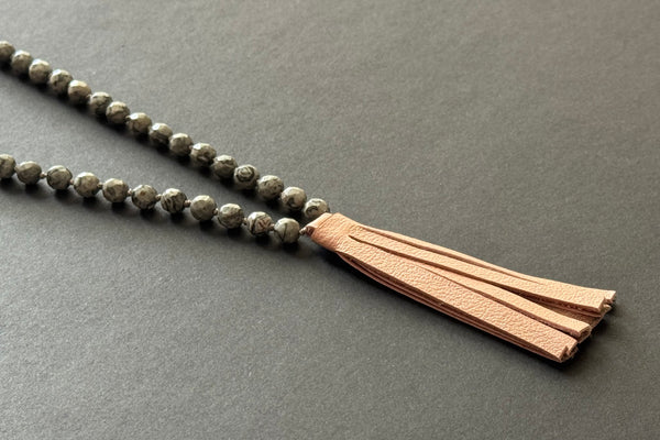 MALA GREY AGATE & ROSE  LEATHER TASSEL
