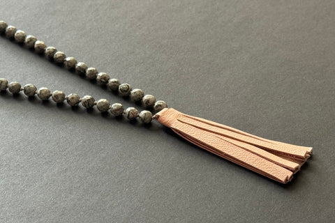 MALA GREY AGATE & ROSE  LEATHER TASSEL