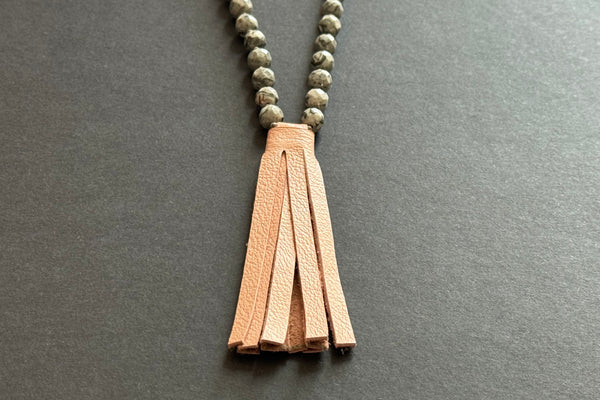 MALA GREY AGATE & ROSE  LEATHER TASSEL