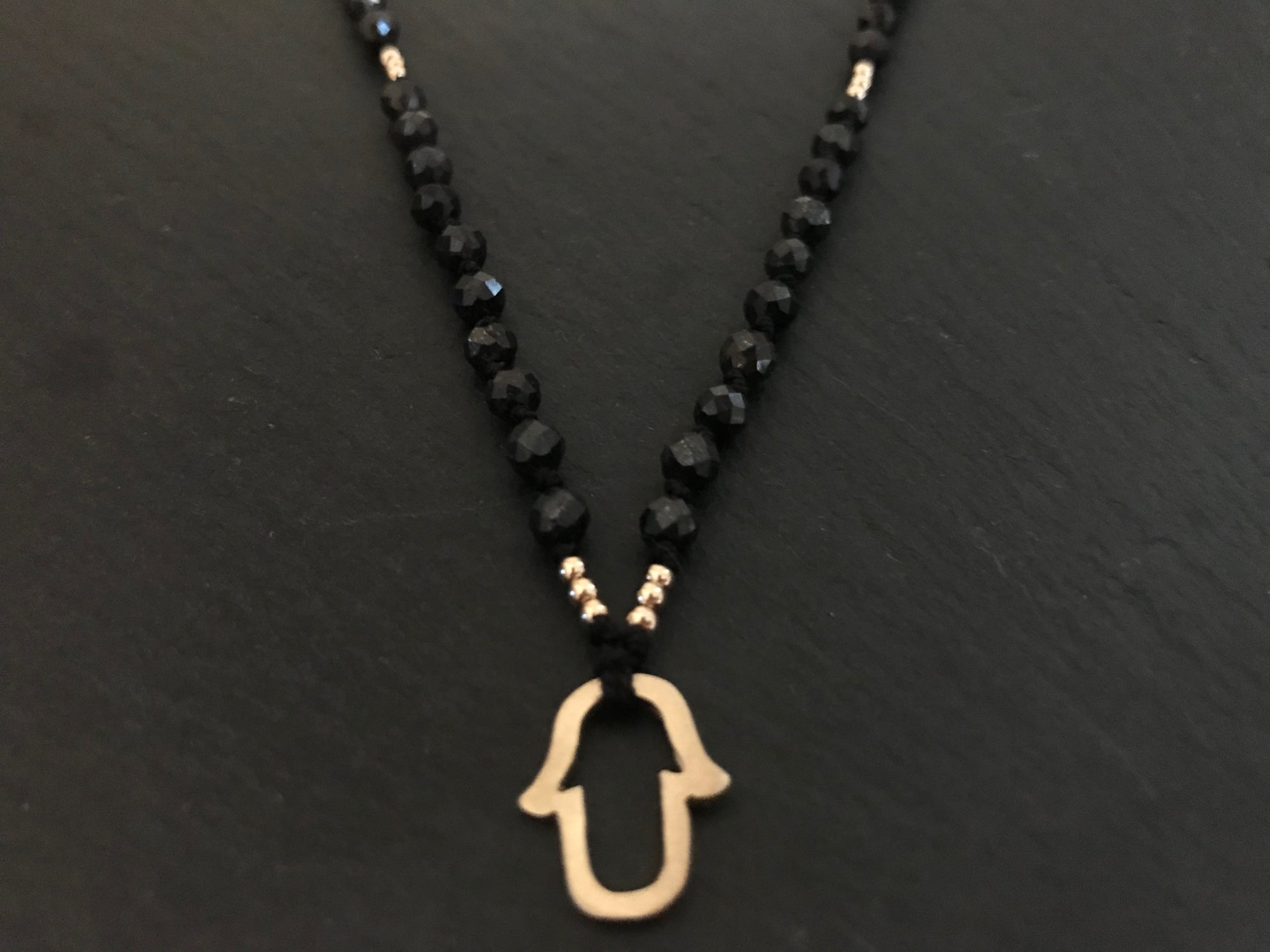 MALA HAMSA 14K GOLD BLACK SAPPHIRE