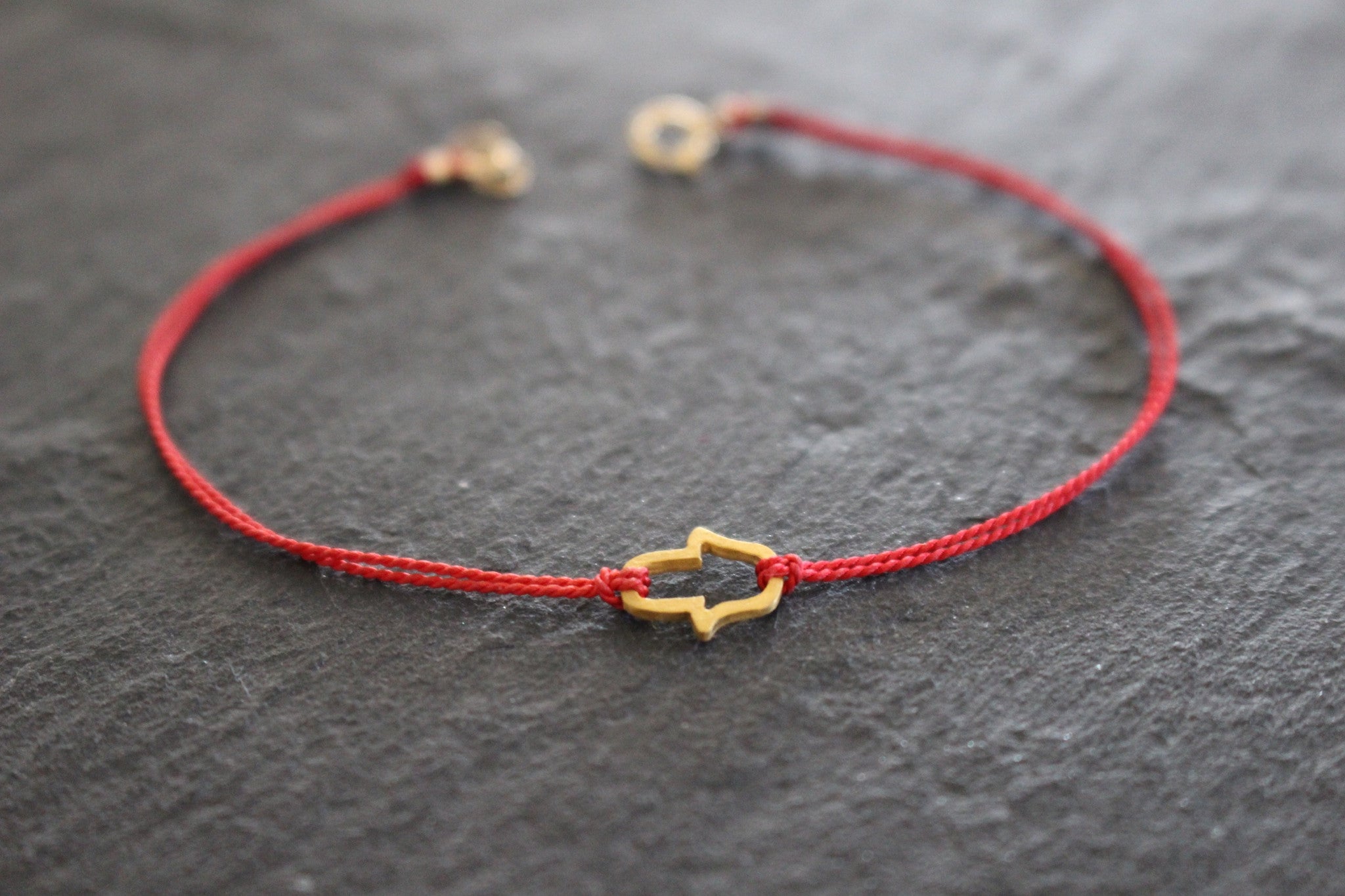 Simple Red String Bracelet with 14K Gold Bead 14K Rose Gold / Green